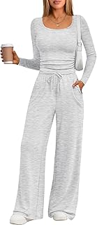 2 Piece Scoop Neck Lounge Set Womens Wide Leg Pants Side Ruching Slightly Crop Top Sweatsuit Sets With Pockets
