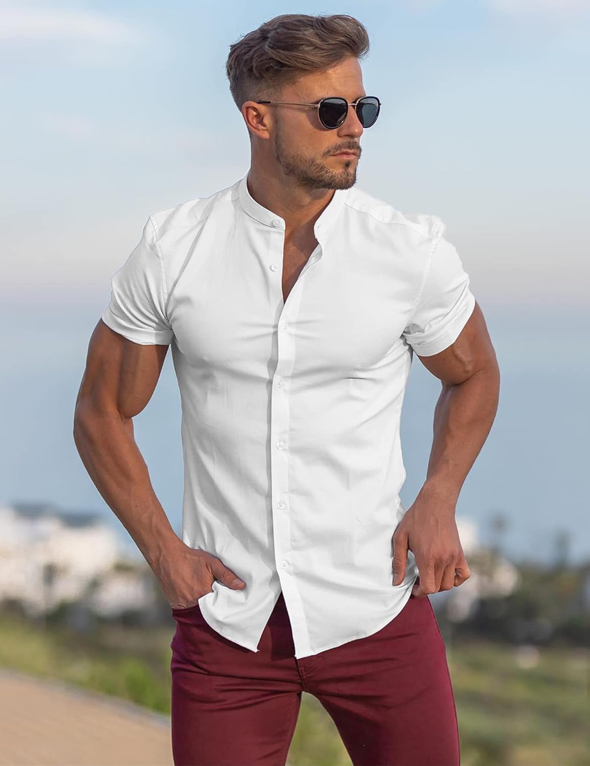 URRU Men's Muscle Dress Shirts Slim Fit Stretch Banded Collar Long&Short Sleeve Casual Button Down Shirt - Image 2