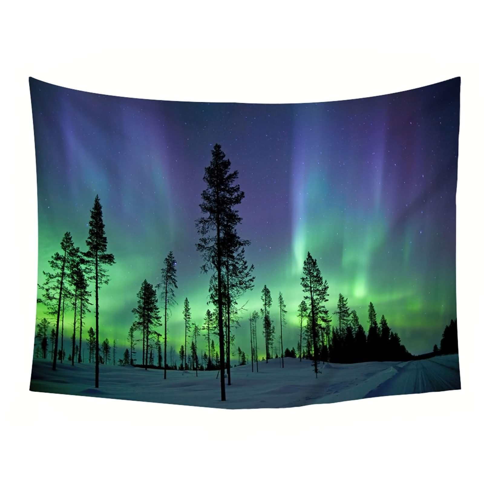 Tapiz bohemio grande, vintage, Aurora y árboles, azul, lila, verde, 240 x 220 cm