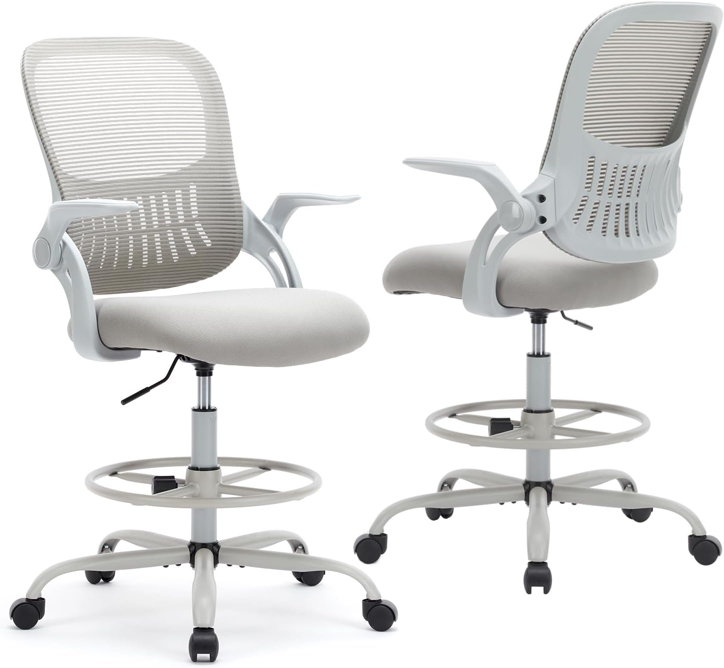 Sweetcrispy Tall Drafting Office Desk Chair - Ergonomic High Stool Computer Chair with Adjustable Height and Comfy Lumbar Support, Rolling Counter Height Chairwith Flip-up Arm and Footrest, Grey