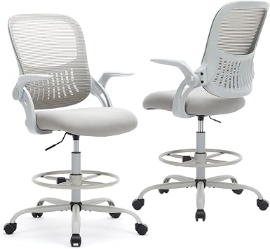 Sweetcrispy Tall Drafting Office Desk Chair - Ergonomic High Stool Computer Chair with Adjustable Height and Comfy Lumbar Support, Rolling Counter Height with Flip-up Arm and Footrest, Grey