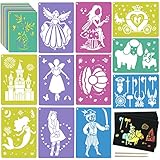 30 Pieces Stencils for Kids with 5 Pcs Scratch Paper, 7 x 9.85 Inch Large Sidewalk Chalk Stencils, Princesses...