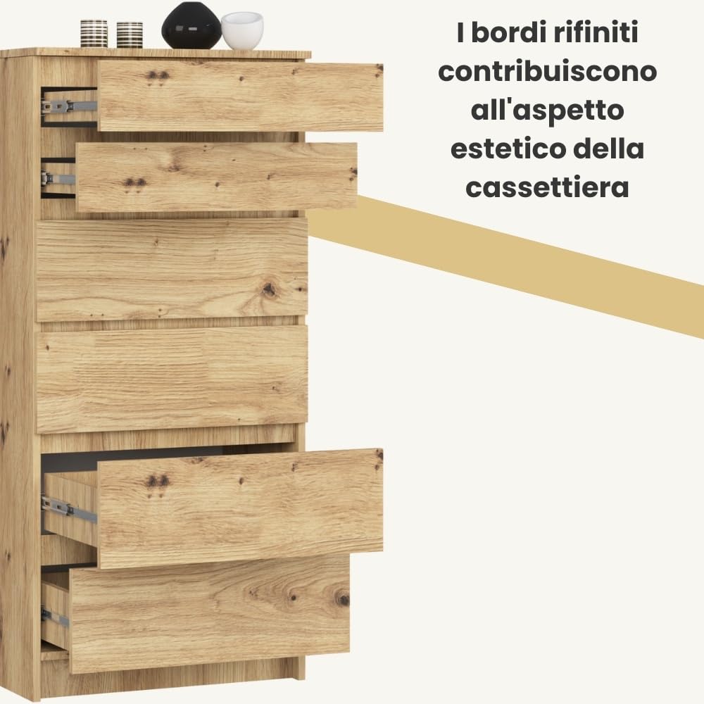 AKORD Cassettiera K60 con 6 Cassetti | Credenza Alta | Moderna Mobiletto per Soggiorno Sala da Pranzo Camera da Letto Corridoio Bagno | Armadio Cameretta | 60x130x40 cm, 43kg | Rovere artigianale