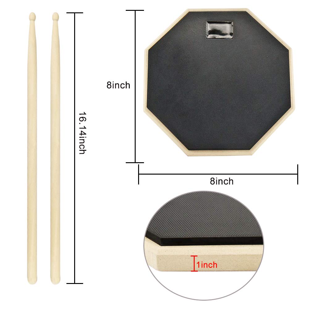 Tamburo da 8 pollici con bacchette, superficie in gomma, base in legno, per giocatori di percussione principianti