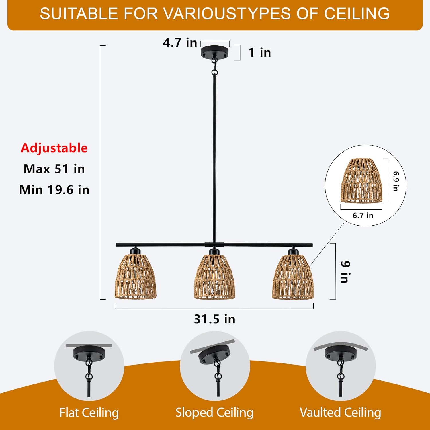 Boho Rattan Chandelier for Dining Room Light Fixture, 3-Light 31.5 Inch Farmhouse Rustic Kitchen Island Lighting, Hanging Lights Fixture Over Table with Hand Woven Lampshade, Height Adjustable