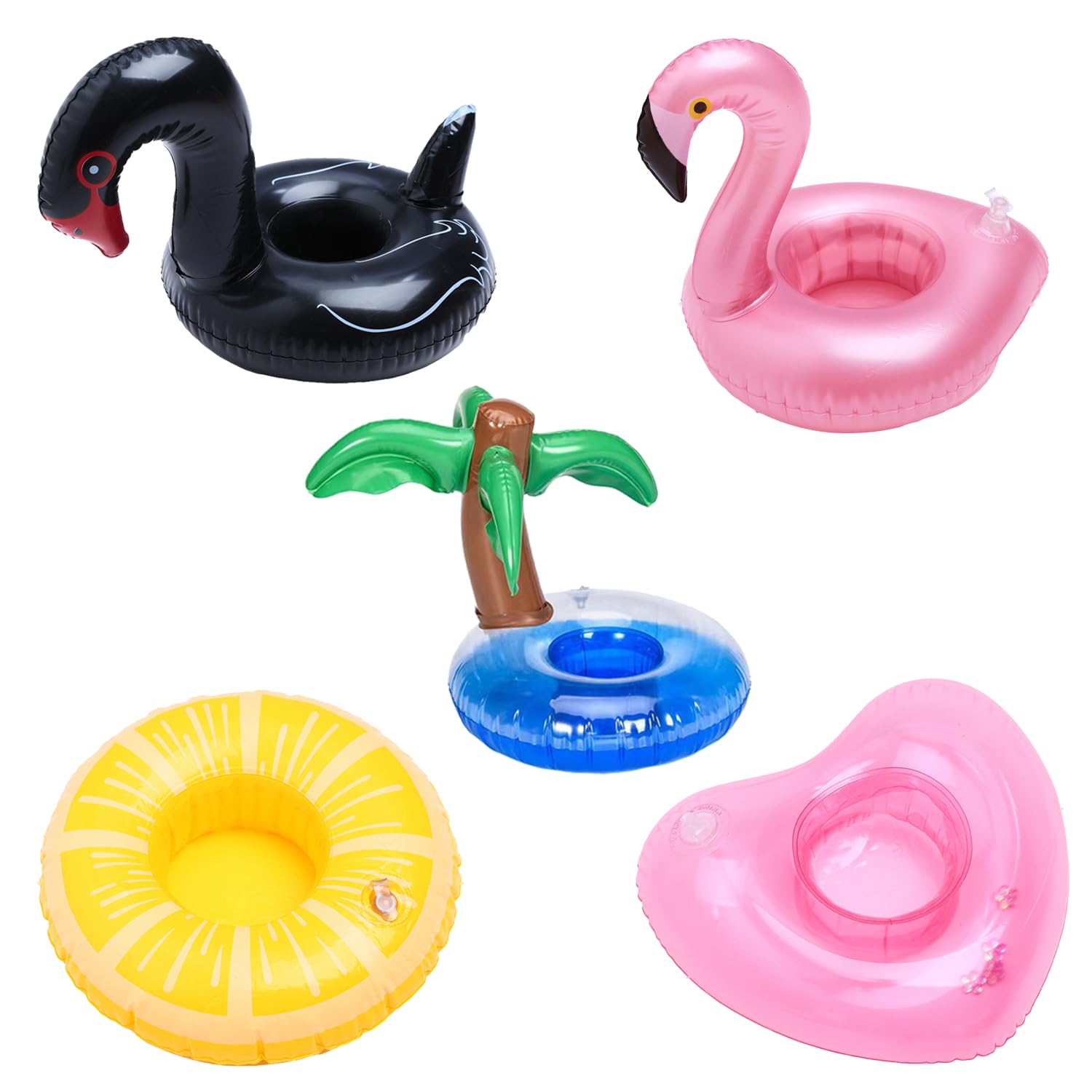 5 Porte-gobelets Flottants Pour Piscine - Cygne, Flamant, Cocotier, Cœur, Citron - Accessoire Fête D'été Avec Pompe