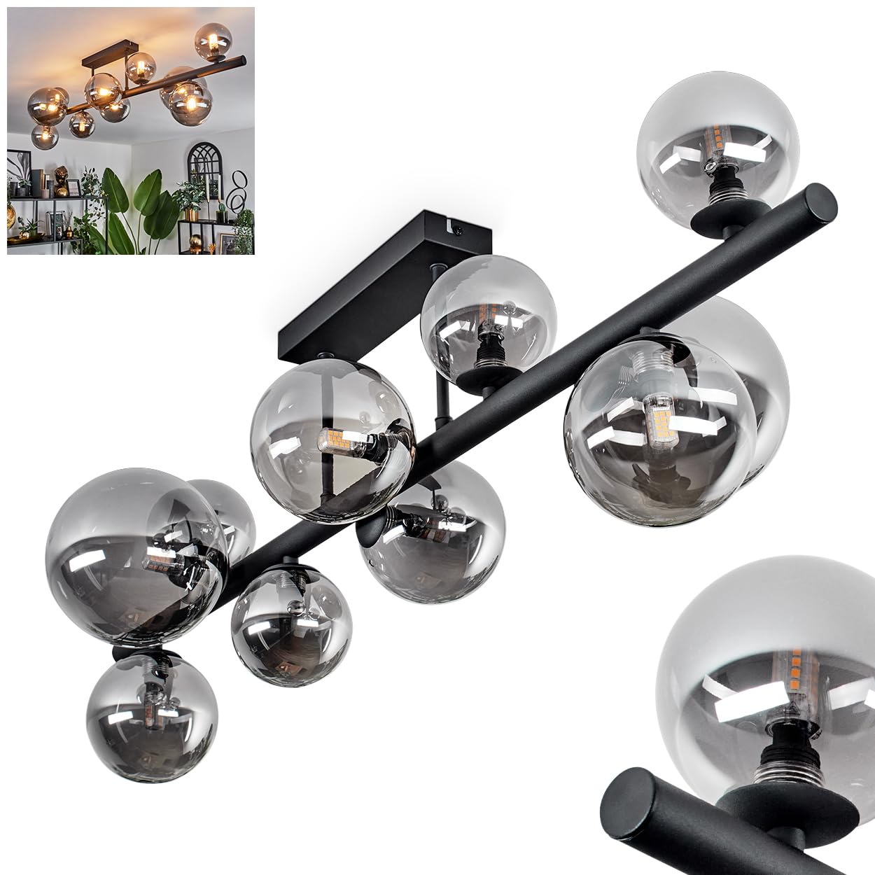 Hofstein Light/Black Chehalis Ceiling Ceiling Lamp Made Of Metal/Glass In Black/Smoke Colour, Luminaire In Modern Retro/Vintage Design With Glass Shades (Ø 10 Cm, 12 Cm, 15 Cm), 10 X G9, Without Bulbs