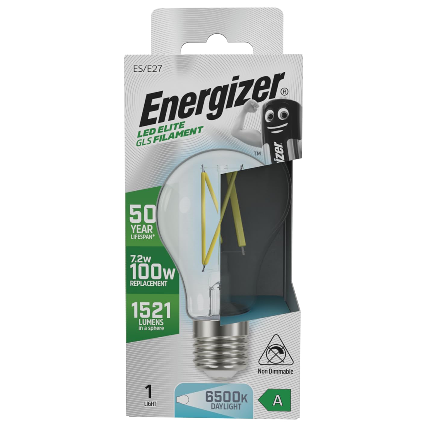 Energizer A Rated LED Elite GLS E27 Filament 1521lm 7.2W 6500K - Daylight Light Bulb