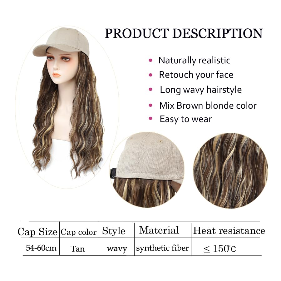 Miniatura 6 de Peluca de gorra de béisbol, extensiones de cabello largo natural ondulado con sombrero, resistente al calor, fibra sintética, peluca ajustable para