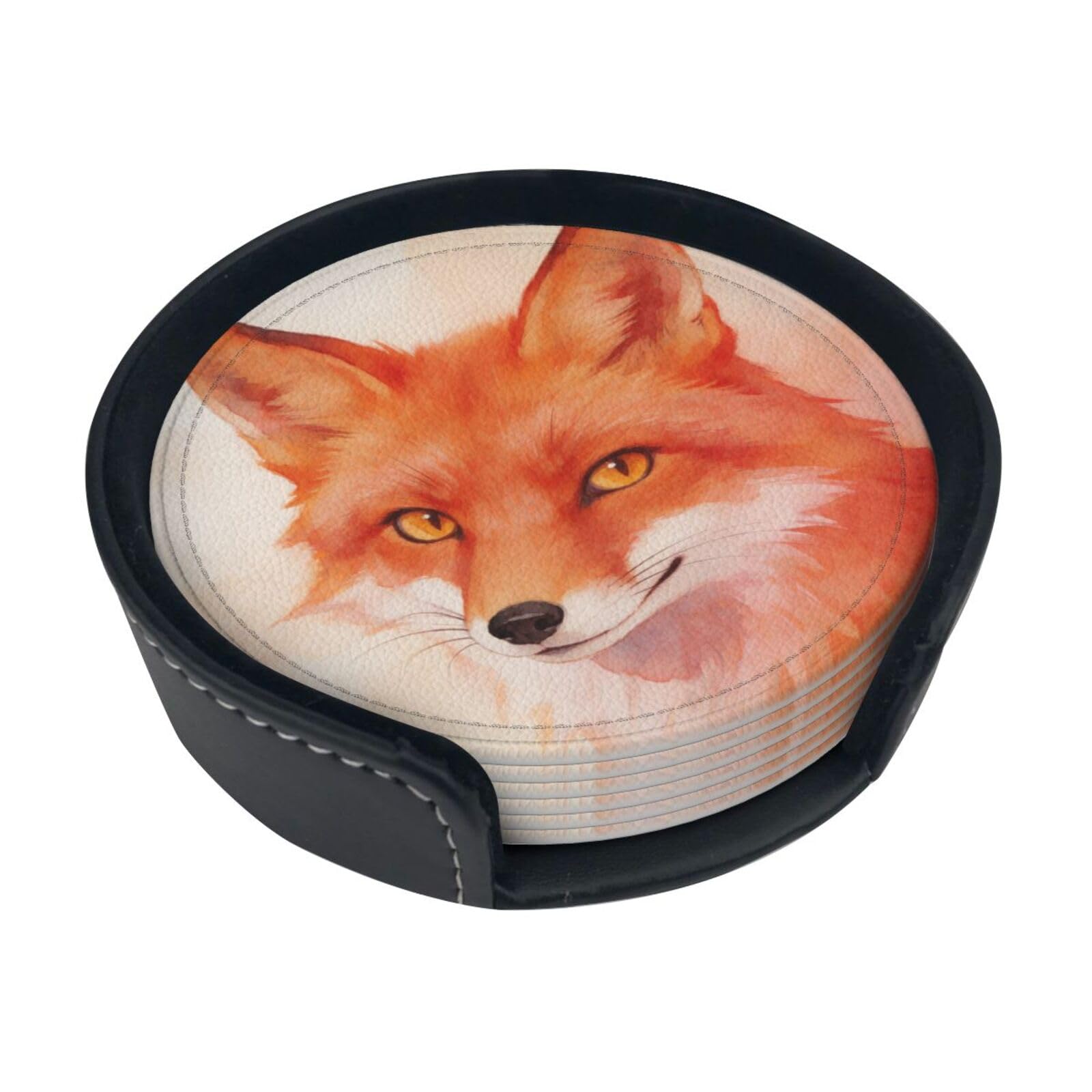 Fox Wash Art Leather Coasters-Set of 6 with Storage Holder