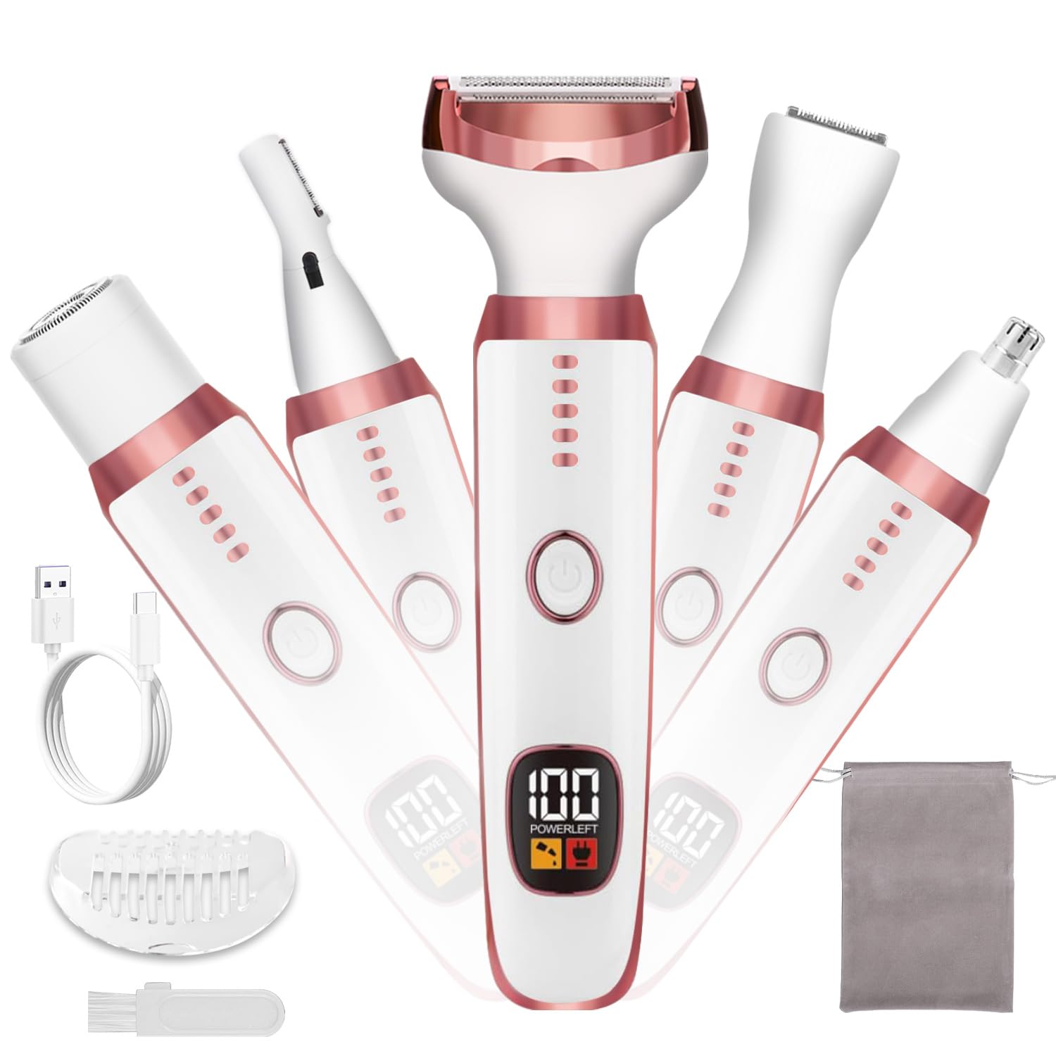 Women's Cordless Portable 5-in-1 Painless Shaver, Suitable for Body, Face, Nose Hair Trimmer, Bikini Area, Armpits, Pubic Hair, Underarms, Legs, and Eyebrows