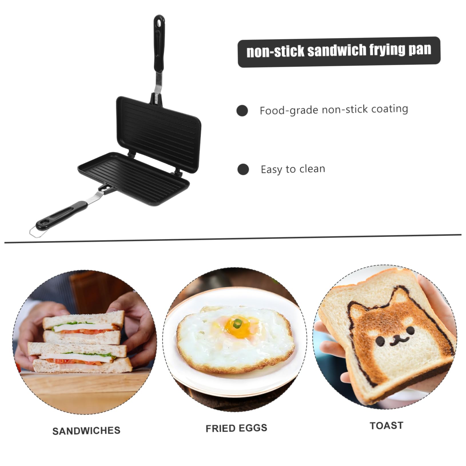 VOSAREA Double Sided Non Stick Sandwich Toaster Pan for Easy Breakfast Cooking Gas Heating Kitchen Baking Pan for Toast Eggs Snacks Ergonomic Handle