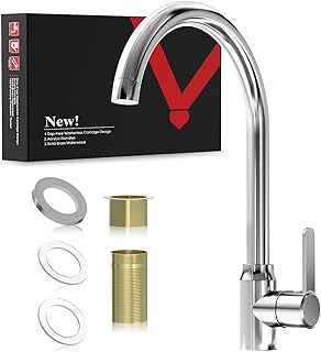 Comprar Grifo de cocina 304 apto para alimentos, caño giratorio de 360 ° con sistema de doble tubo para agua fría y caliente, conexiones de norma DE