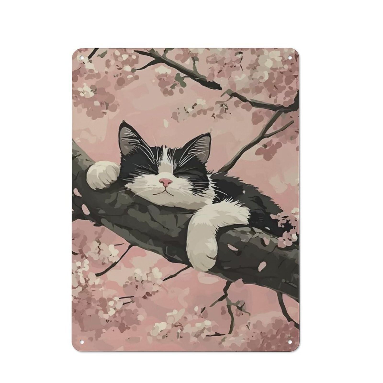 Junmoney Style-4 Tin Wall Plaque 40X30cm With Sleeping Cat In Cherry Blossoms For Studio Or Craft Room, Suited To Studio Decor Lovers