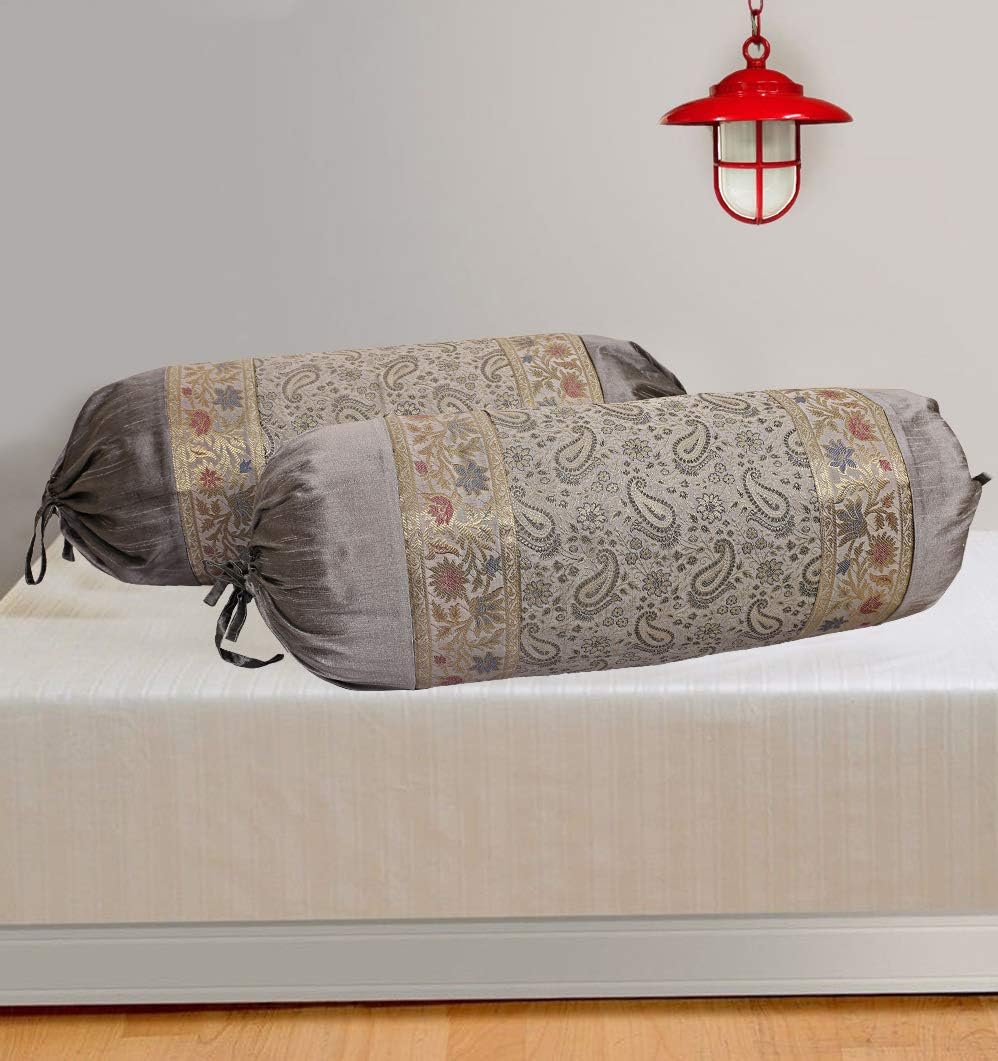 Ethnic Jacquard Brocade Silk Bolster Throw Pillows for Couch Cylindrical Hotdog Grey Yoga Massand Living Room Decorative Paisley Traditional Throw Pillowcase 76x38 cm - Set of 2 Pcs