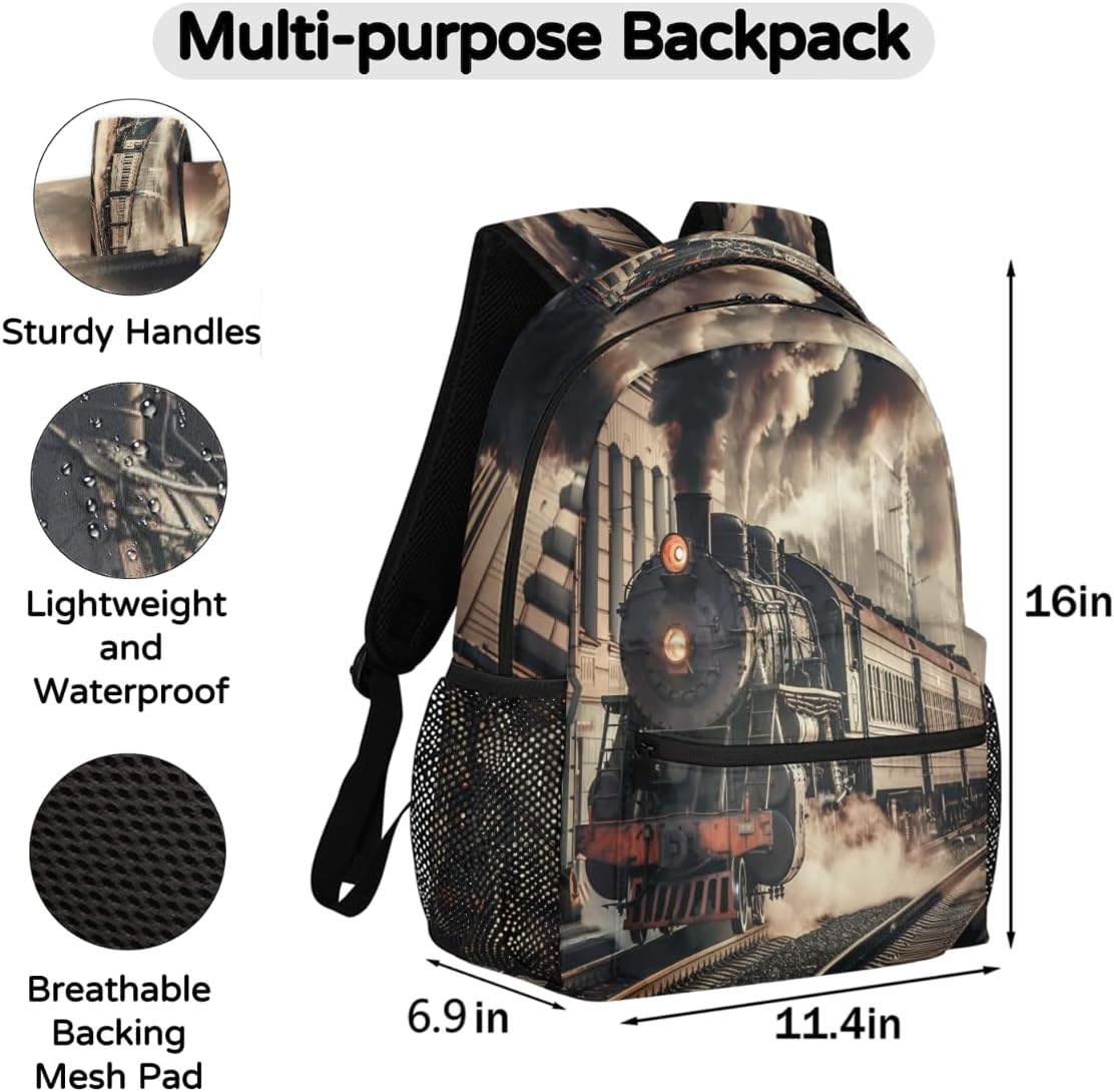 Retro Steam Train,Train Pattern Backpacks for Girls Kids Boys, Lightweight School Bags Travel Backpack College Student Bookbag Casual Hiking Daypack Laptop Backpack