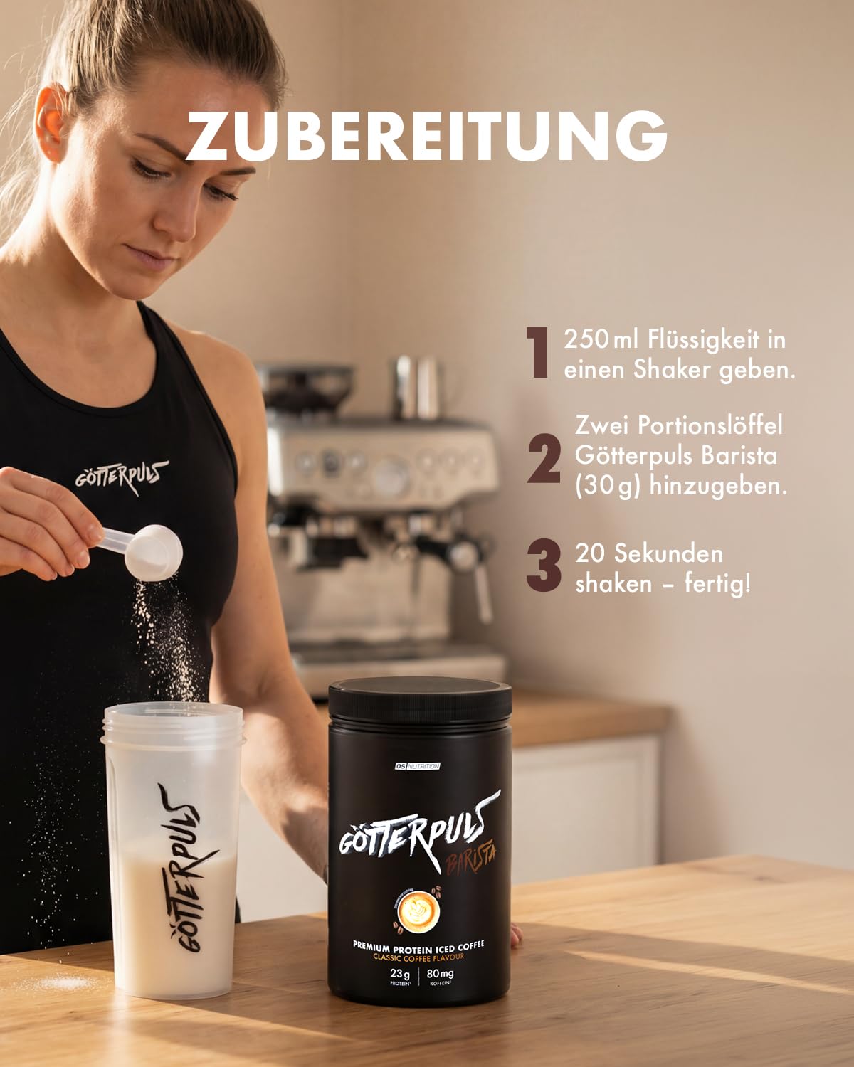 Götterpuls Barista Protein Iced Coffee 600g Pulver Classic Coffee | Mit 23g Eiweiß & 80mg Koffein – Mit echtem Kaffee-Extrakt – Whey Protein Isolat & Konzentrat – 20 Portionen