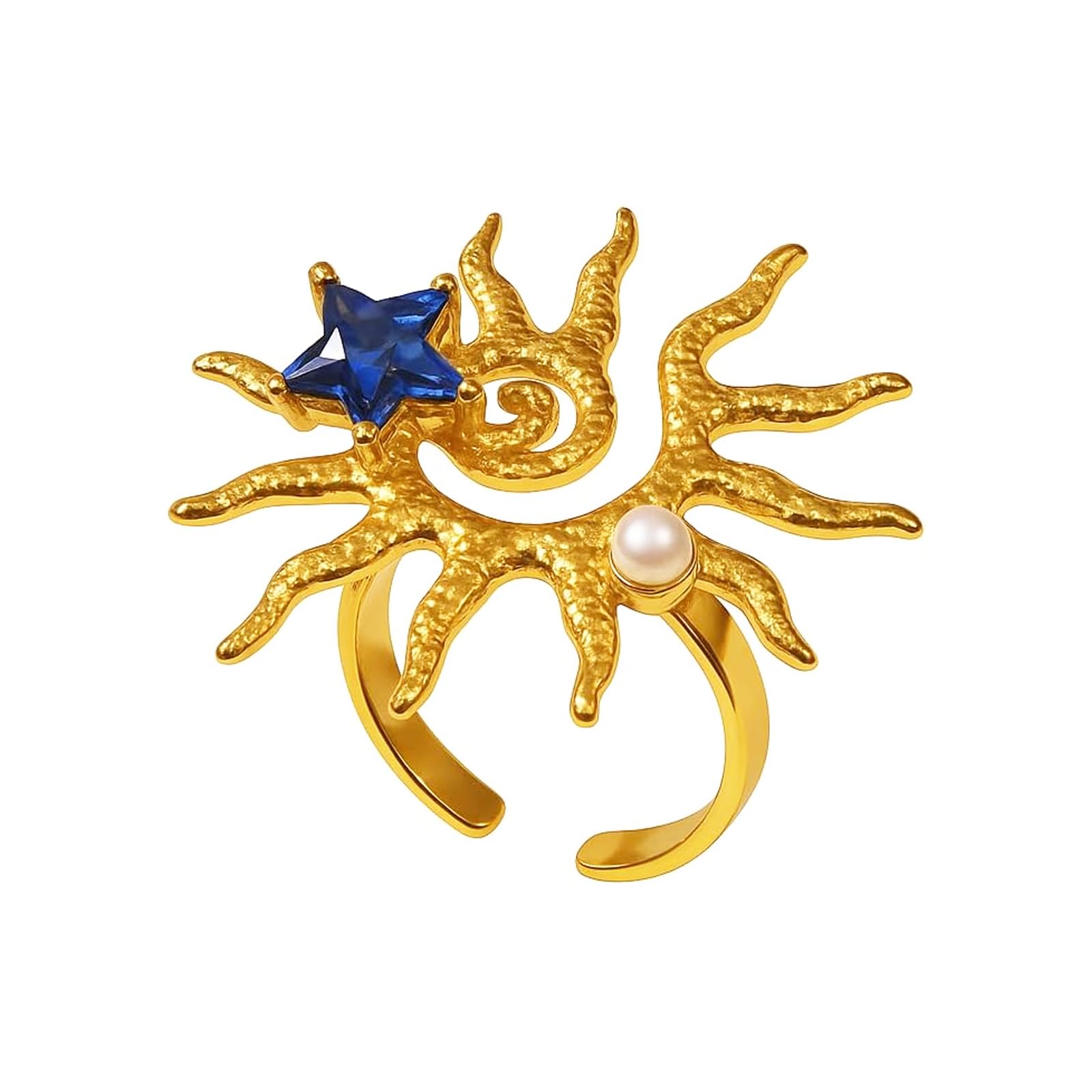 JWIGP Sun Ring For Women, Vintage Bohemian Spiral Sunshine Star Moon Unique Rings Open Gold Statement Stainless Steel Boho Style Jewelry Gifts For