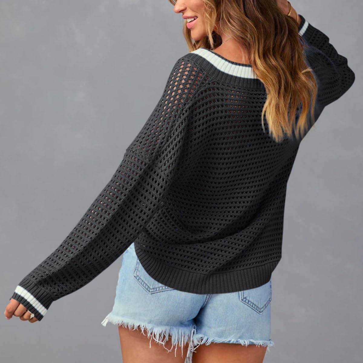 Womens Varsity V Neck Long Sleeve Tennis Sweater Casual Crochet Hollow Out Knit Tops Pullover Shirts Beach Coverup - Image 2
