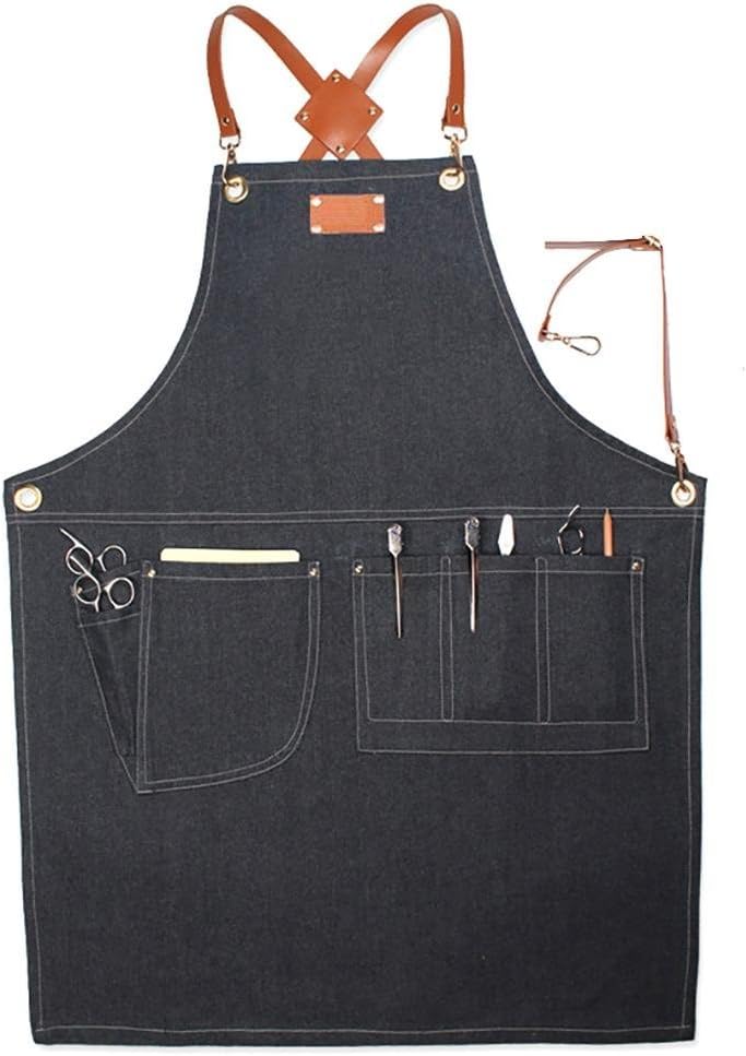 Fancystar Work Denim Apron with Big Pockets and Cross-back Leather Straps for Barista Hairstylist Restaurant Floral Handmade Workers