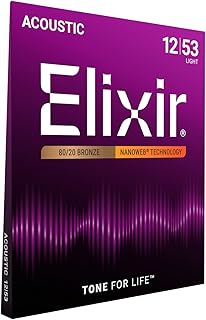 Elixir 11052 Nanoweb Coating 80/20 Bronze Acoustic Guitar 6-Strings, Light .012- .053 Gauges, White Black Red Blue