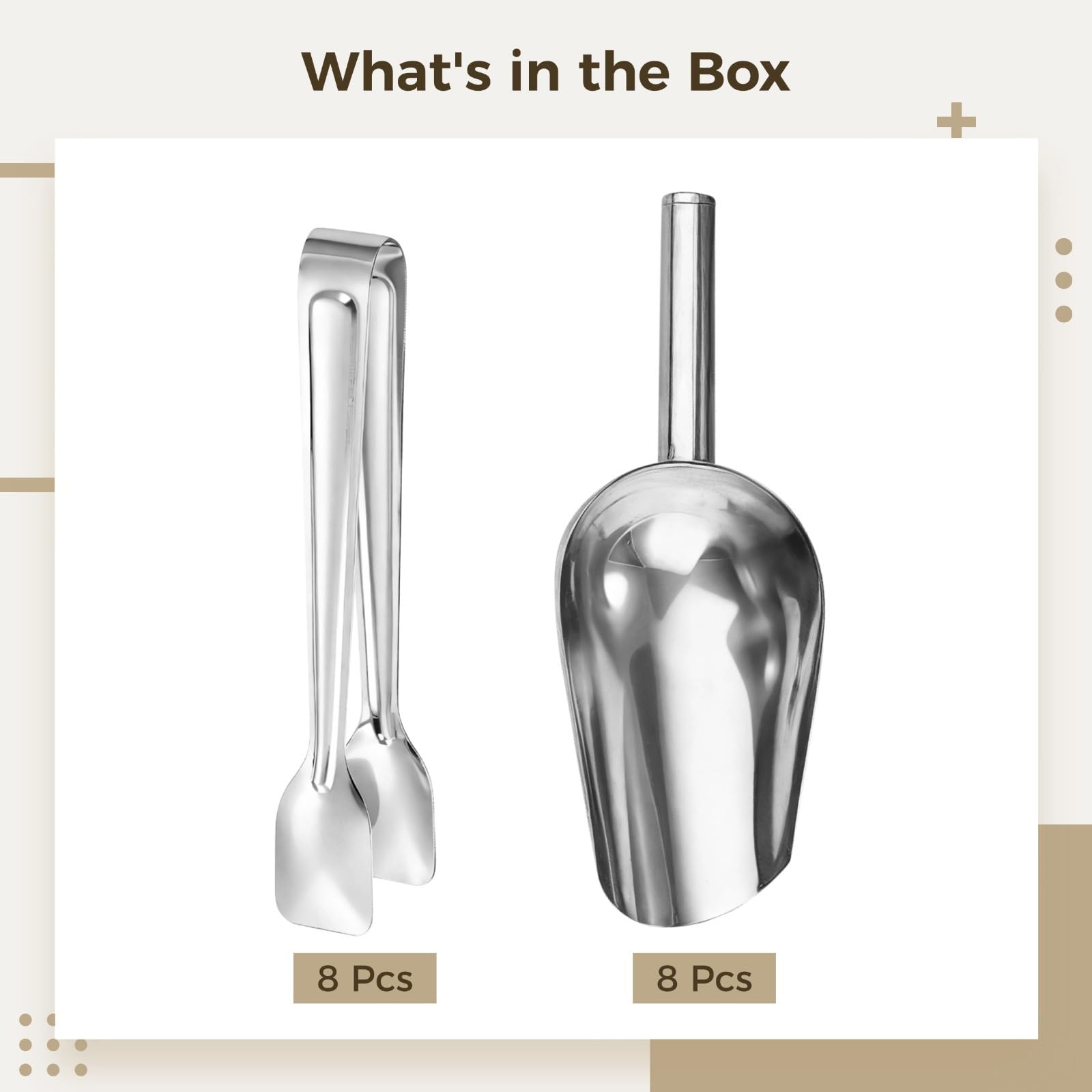 Set di 16 palette e pinze per ghiaccio in acciaio inox, con 8 misurini e 8 pinze, ideale per congelatore e macchine per il ghiaccio, facile da pulire