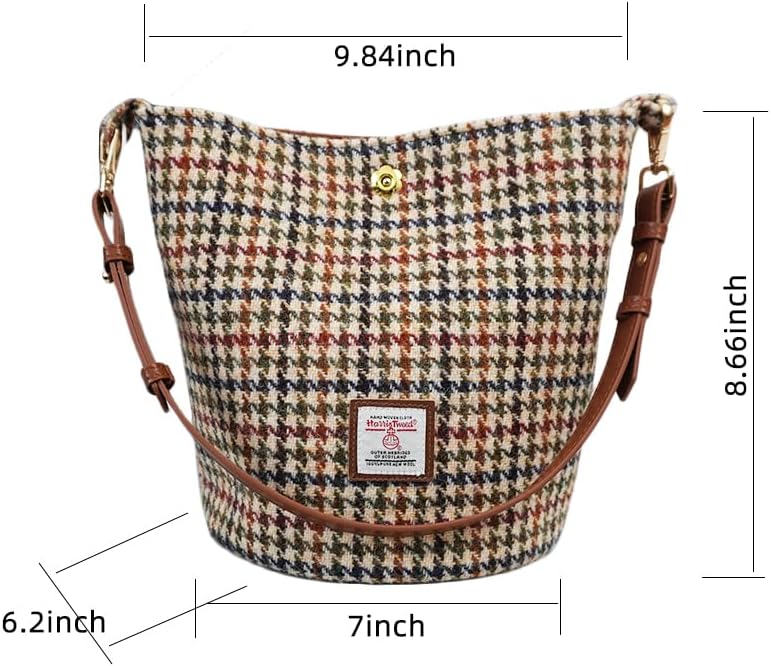 Harris Tweed Bucket bag Shoulder bag Handbag for Women with Microfiber-leather Strap,9.8 * 8.6 * 7 inch - Image 2