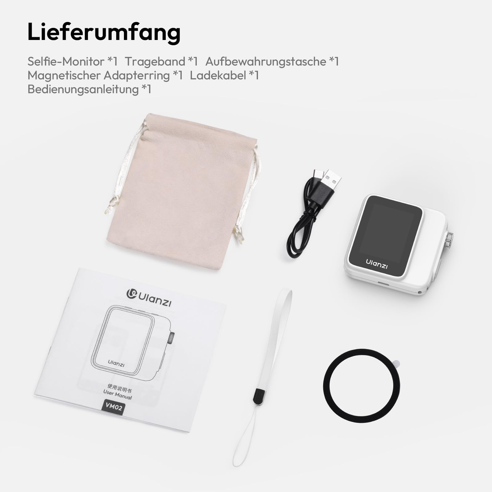 ULANZI VM02 Magnetischer Selfie Monitor, Handy Selfie Bildschirm mit Drehknopf-Fokus, Kabellos 5G WiFi Bluetooth 5.2, 1000mAh Akku für iPhone Android Rückkamera,Vlog Live Streaming TikTok (Weiß)