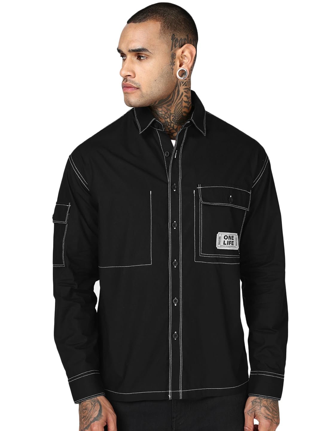 Bewakoof Camicia da uomo in popeline con colletto a maniche lunghe oversize