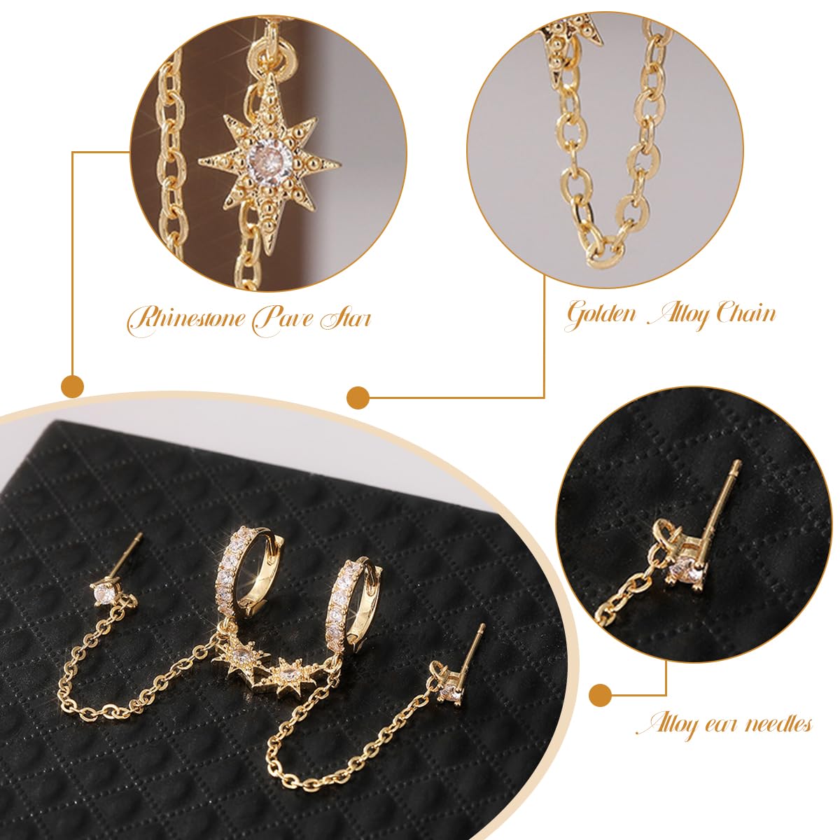 SANNIDHI® Earrings for Woman Gold Star Rhinestones Earring Double Piercing Dangle Chain Hoop Earrings Sparkling Stones Pendant Studs for Women 4
