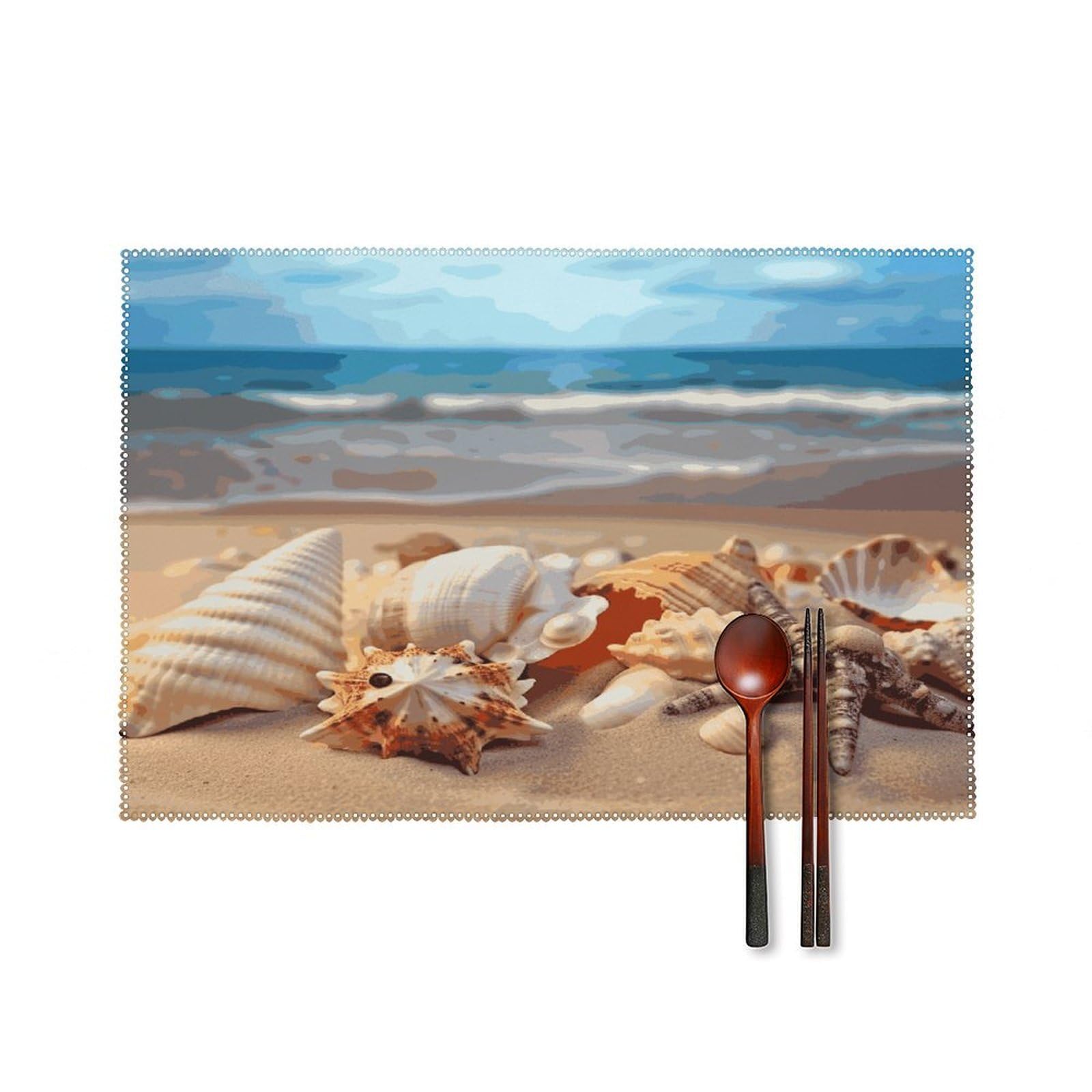 Seashells on The Sandy Beach Placemats Set of 4 Canvas Place Mats Non-Slip Heat Resistant Table Mats Washable Waterproof Placemat Wipeable Tablemats for Kitchen Dining Decor Place Mat
