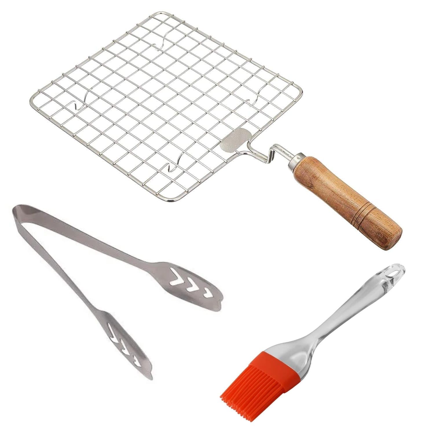 Stainless Steel Roasting Net Chapati Grill with Wooden Handle, Momo Tong and Silicone Oil Brush, Multicolor, Pack of 3