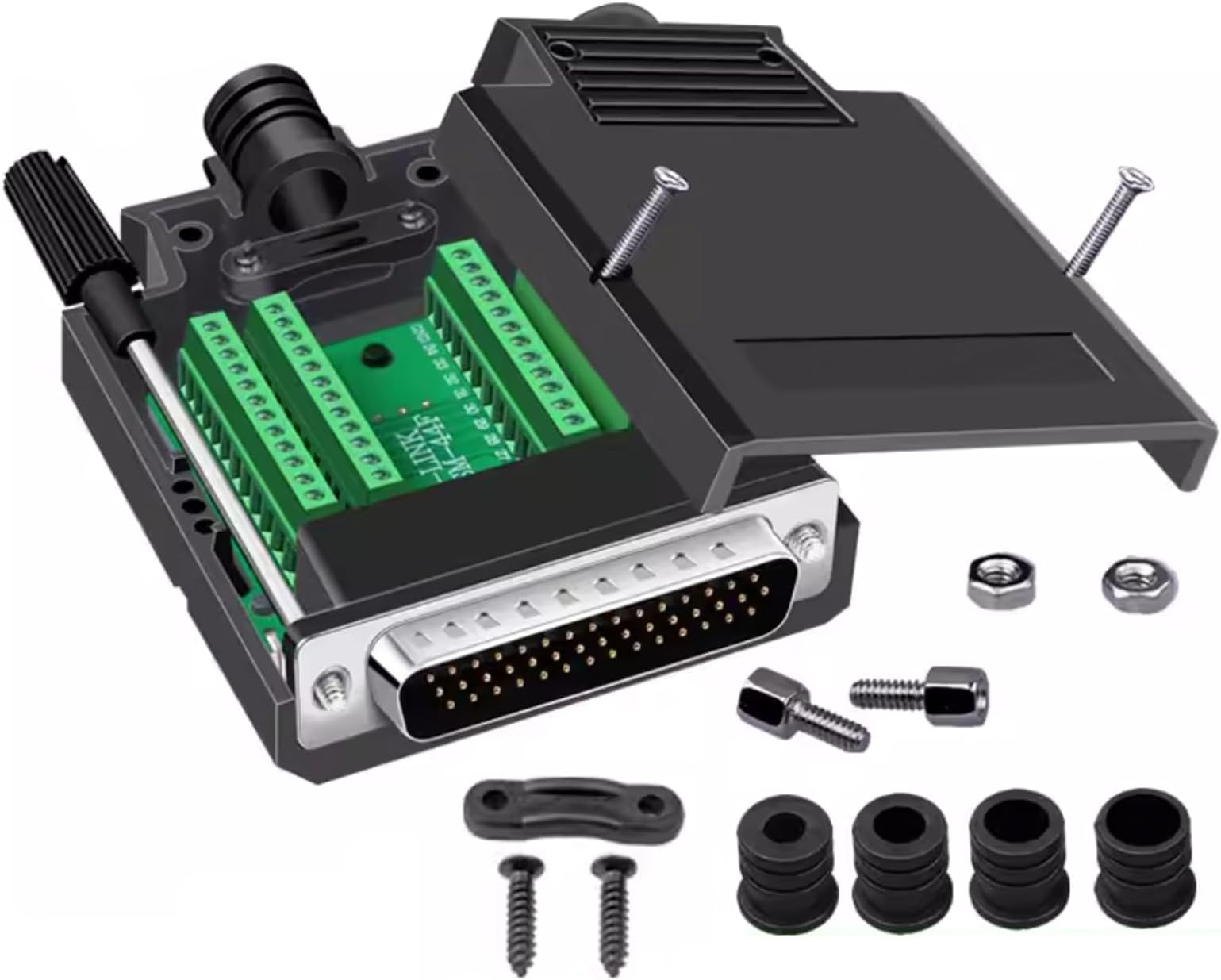 DB44 Solderless Connector, Male RS232 D-SUB Serial to 44-pin Port Terminal Adapter Breakout Board with Case Long Bolts Tail Pipe