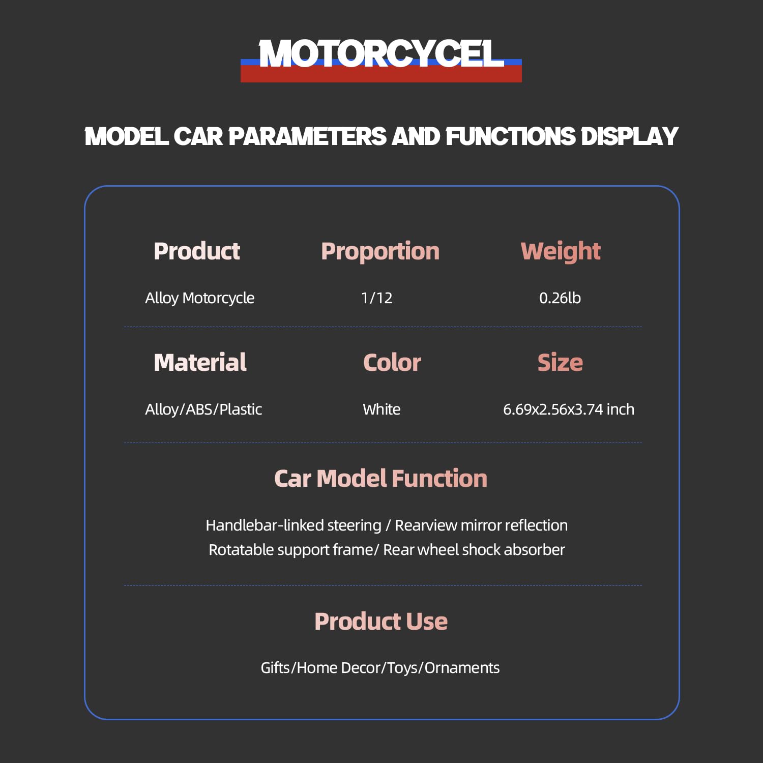 1/12 S1000RR Motorcycle Model Toy - Mini Alloy Metal Diecast White Sport Racing Collection Gift for Men, Child, Boy