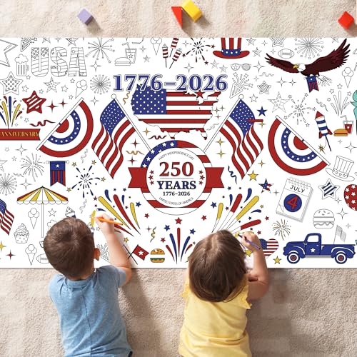 Image of OHOME 4th of July Giant Coloring Poster /Tablecloth - 250th Anniversary USA Decorations,Kids July 4th Crafts Games Activities Toys Decor Party Decor 250 America Merchandise