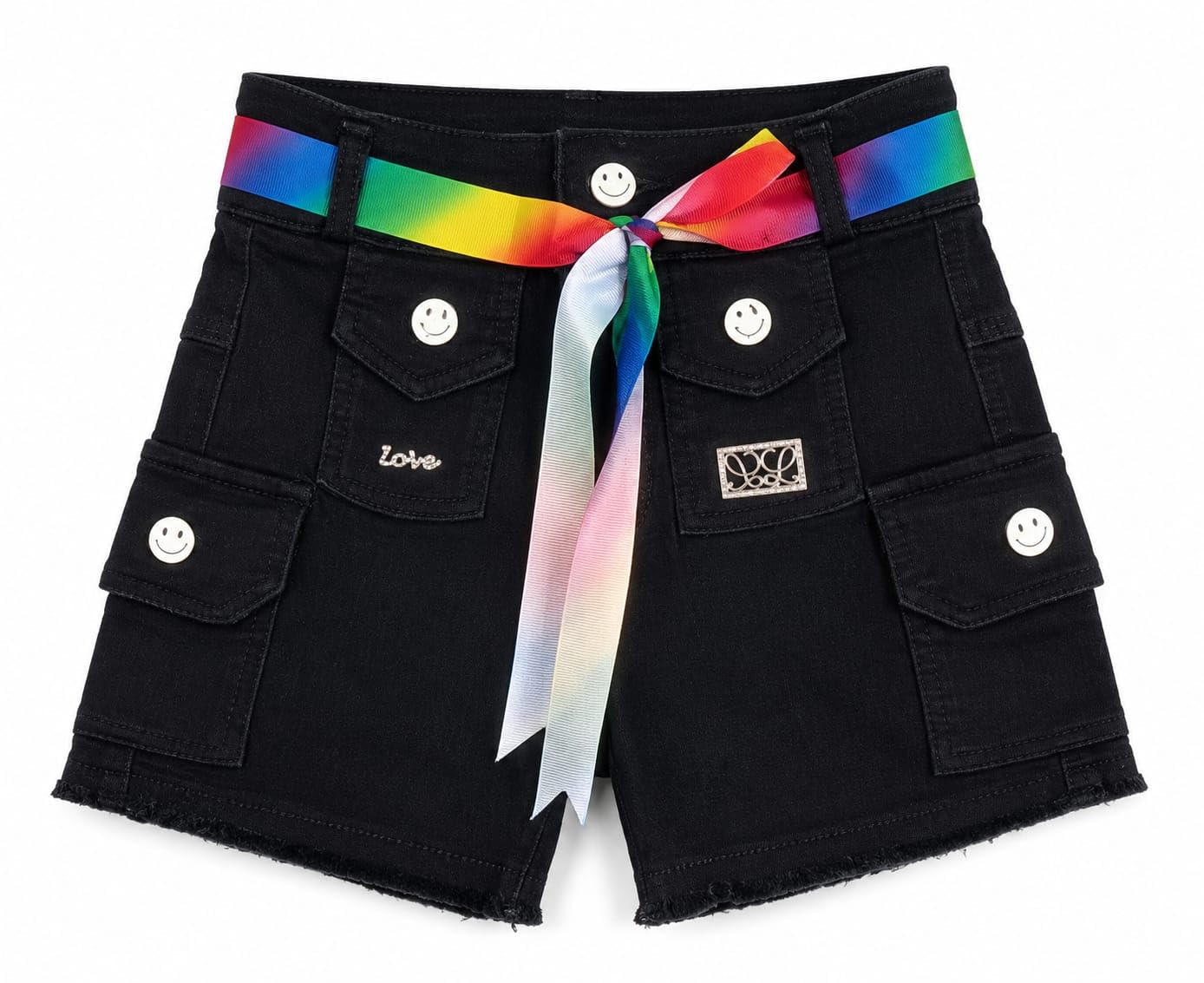 Girls Black Denim Cargo Shorts with Rainbow Belt | Cotton Blend Mid Rise Casual Shorts with Multi Pocket Design | Stylish Summer Fashion Shorts for Girls-image-28