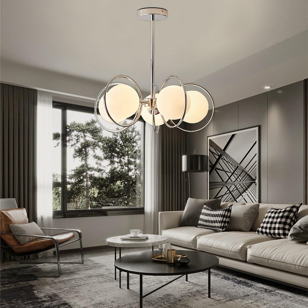 RuiRfh Sputnik E27 chandelier chrome dining room metal creative Pendant lighting modern bubble glass ball 5 light Hanging Lamp living room bedroom Kitchen Island Mid Century Ceiling Light (Size : 5 h