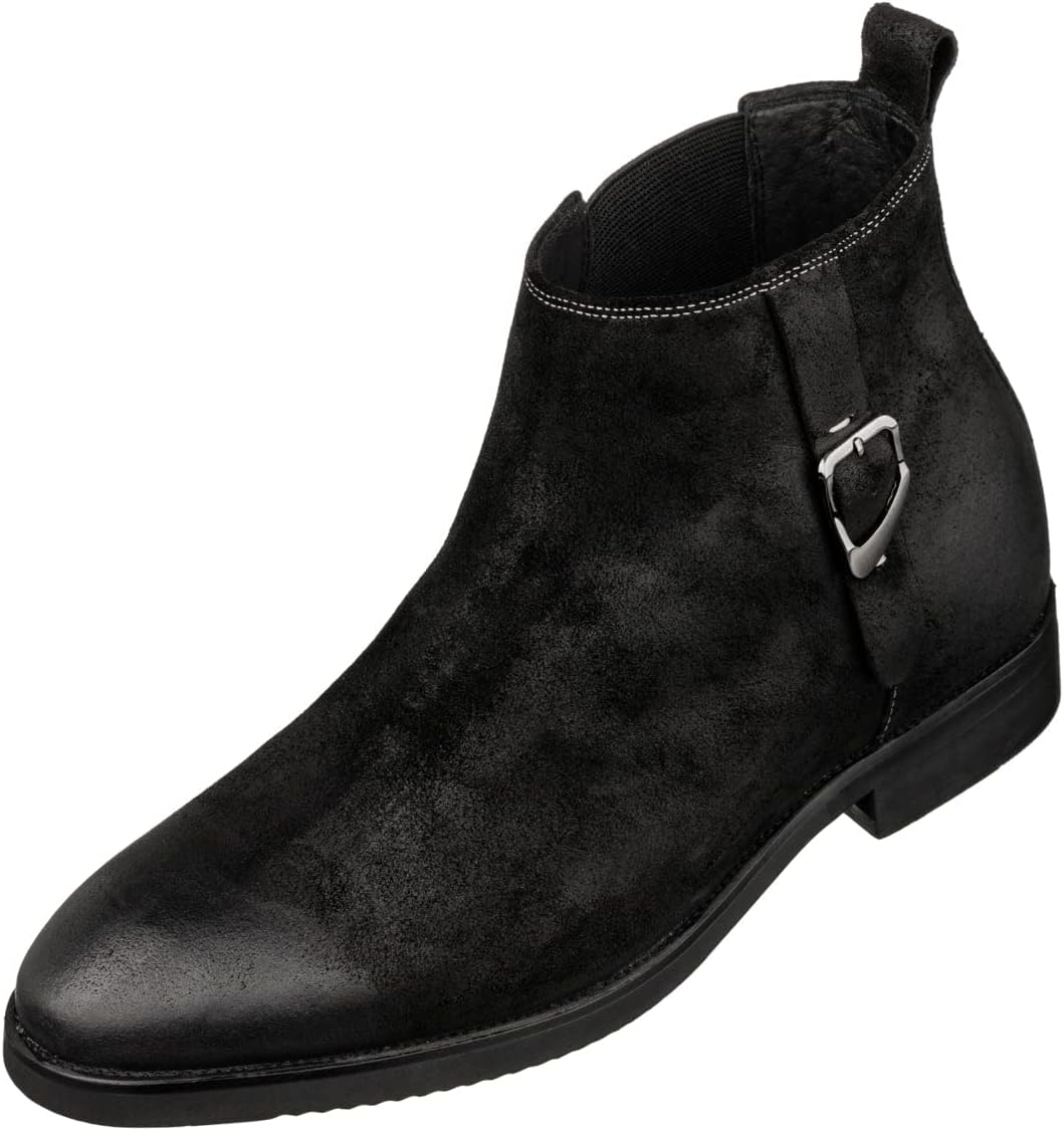 TOTO Men's Invisible Height Increasing Elevator Shoes - Black Nubuck Leather Slip-on Chelsea Ankle Boots - 3.0 Inches Taller - K92081 - Size 11 D(M) US