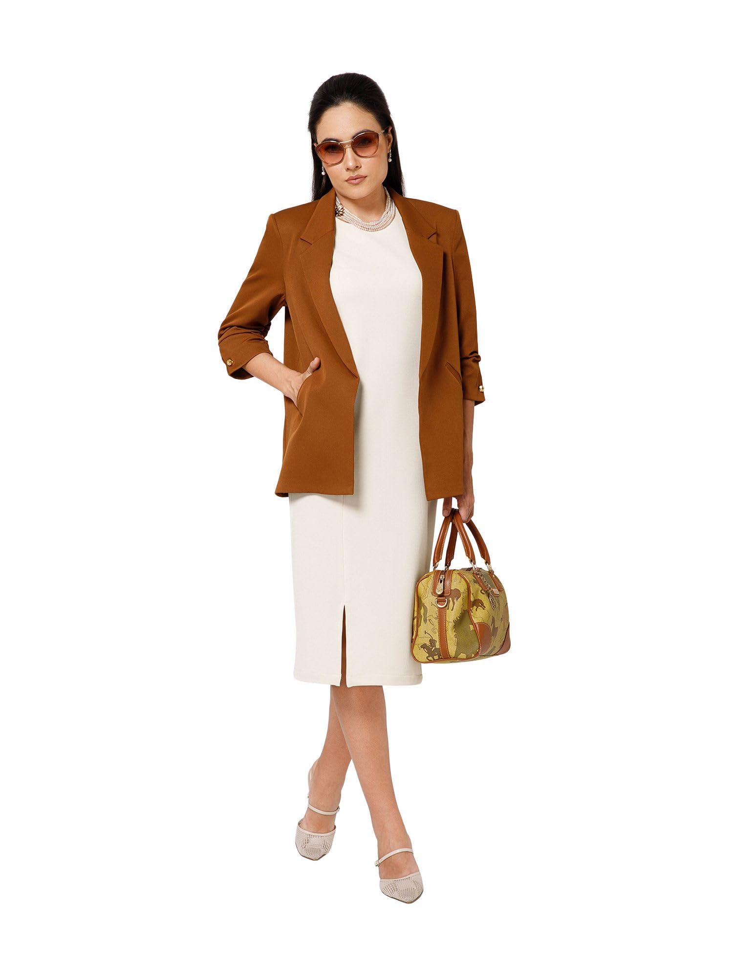 Women's Jacket | Notched Lapel | Full Sleeves | Cufflink Detail | Regular Fit Blazer | Office, Formal & Casual Wear-image-2