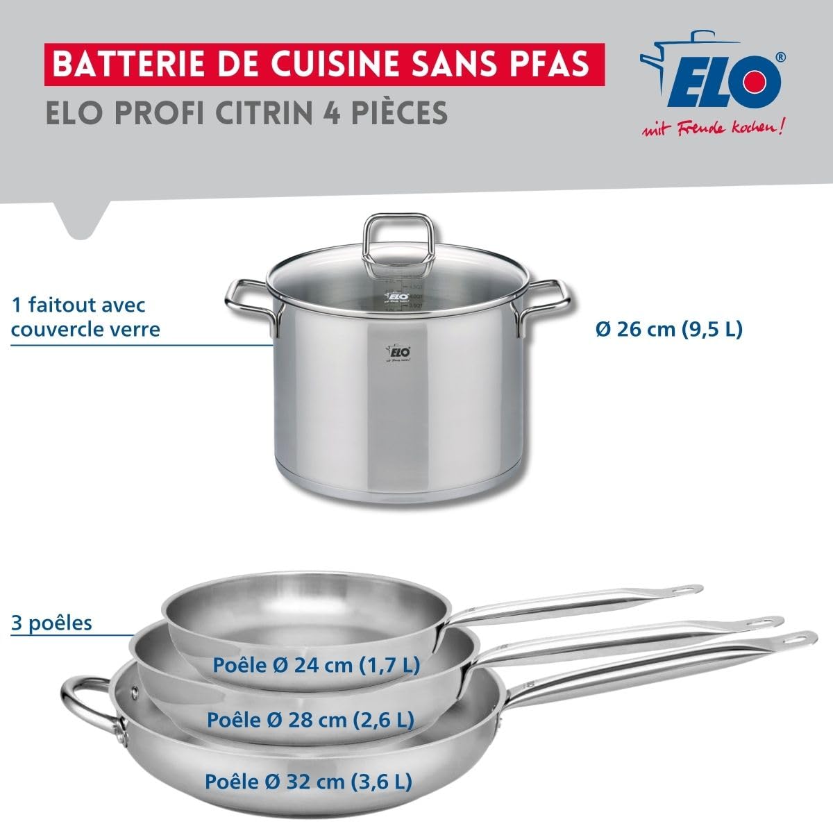 Elo Batterie de cuisine 3 poêles 24/28/32 cm et 1 faitout 26 cm