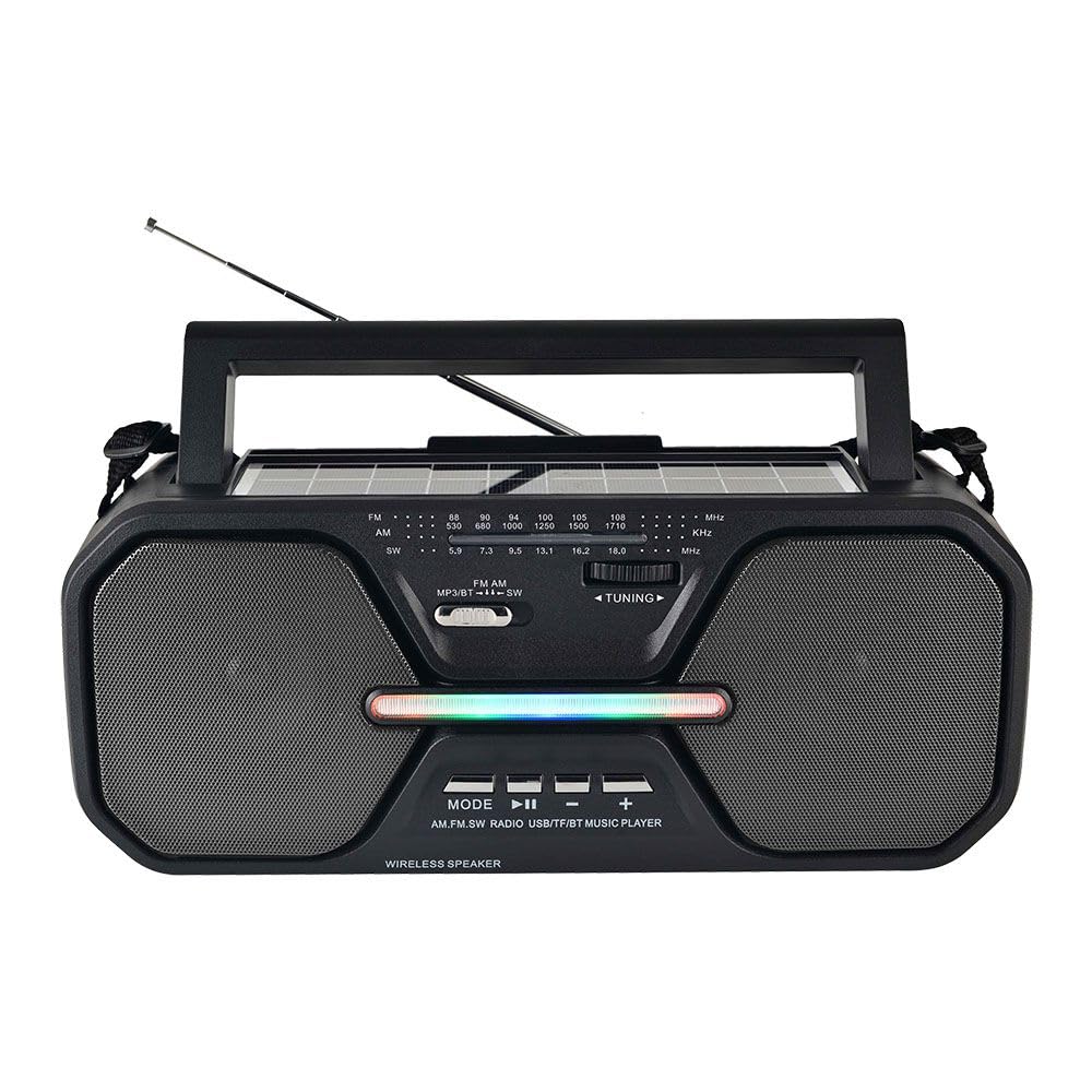Telefunken THP-2535 Solar Powered Portable Bluetooth FM Radio with antenna extended and carrying strap