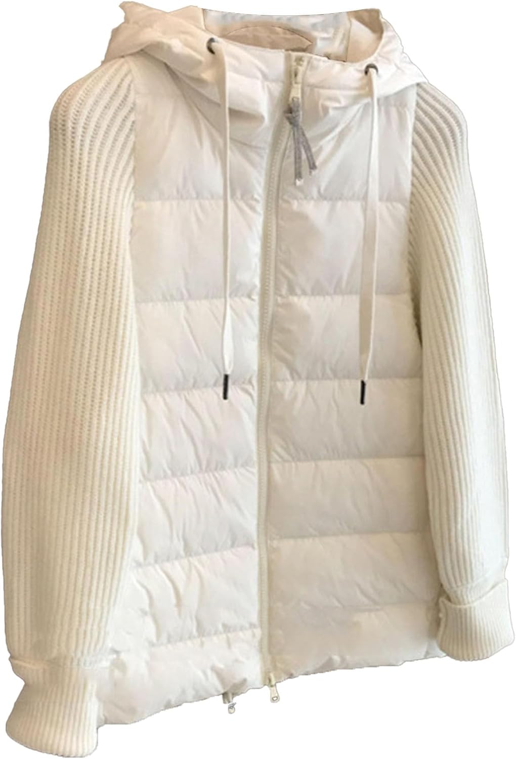 JEsilunmaMY Women's Insulated Knit Puffer Jacket Long Sleeve Zip Up Hooded Padded Jacket Patchwork Knitted Winter Down Jacket