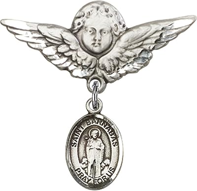 Sterling Silver Baby Badge with St. Barnabas Charm and Angel w/Wings Badge Pin 1 1/8 X 1 1/8 inches