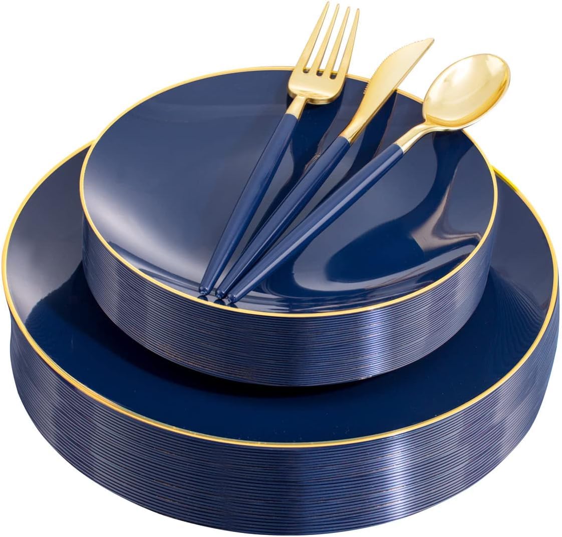Liacere 150PCS Blue Plastic Plates - Gold Plastic Silverware with Blue Handle - Navy Disposable Plates Include 30 Guests Plates,Forks,Spoons,Knives for Hanukkah & New Year & Hanukkah