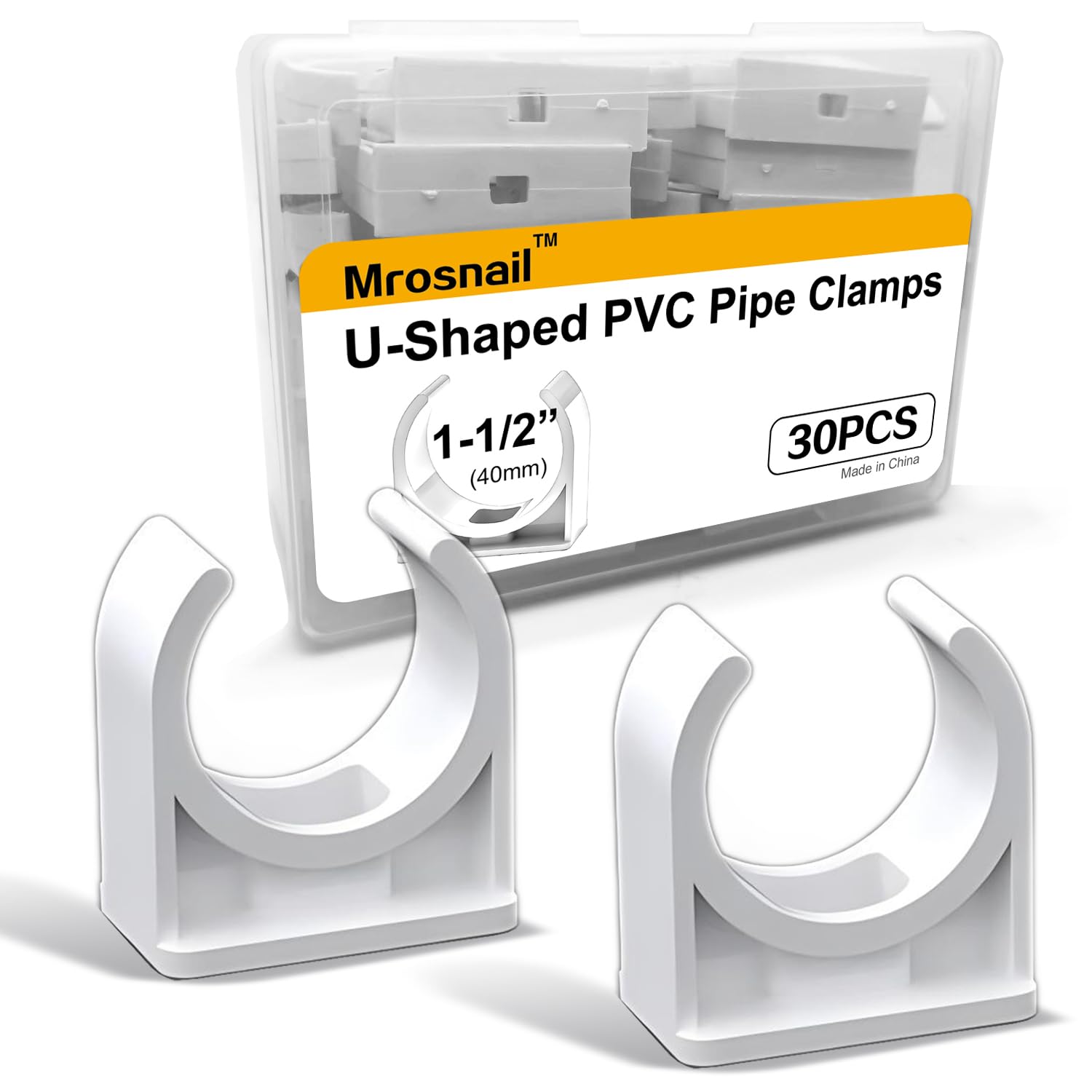 Mrosnail 30 Pcs U-Shaped PVC Pipe Clamps, 40mm White Clips for 1-1/2" Water Pipes, Durable Support & Easy Installation