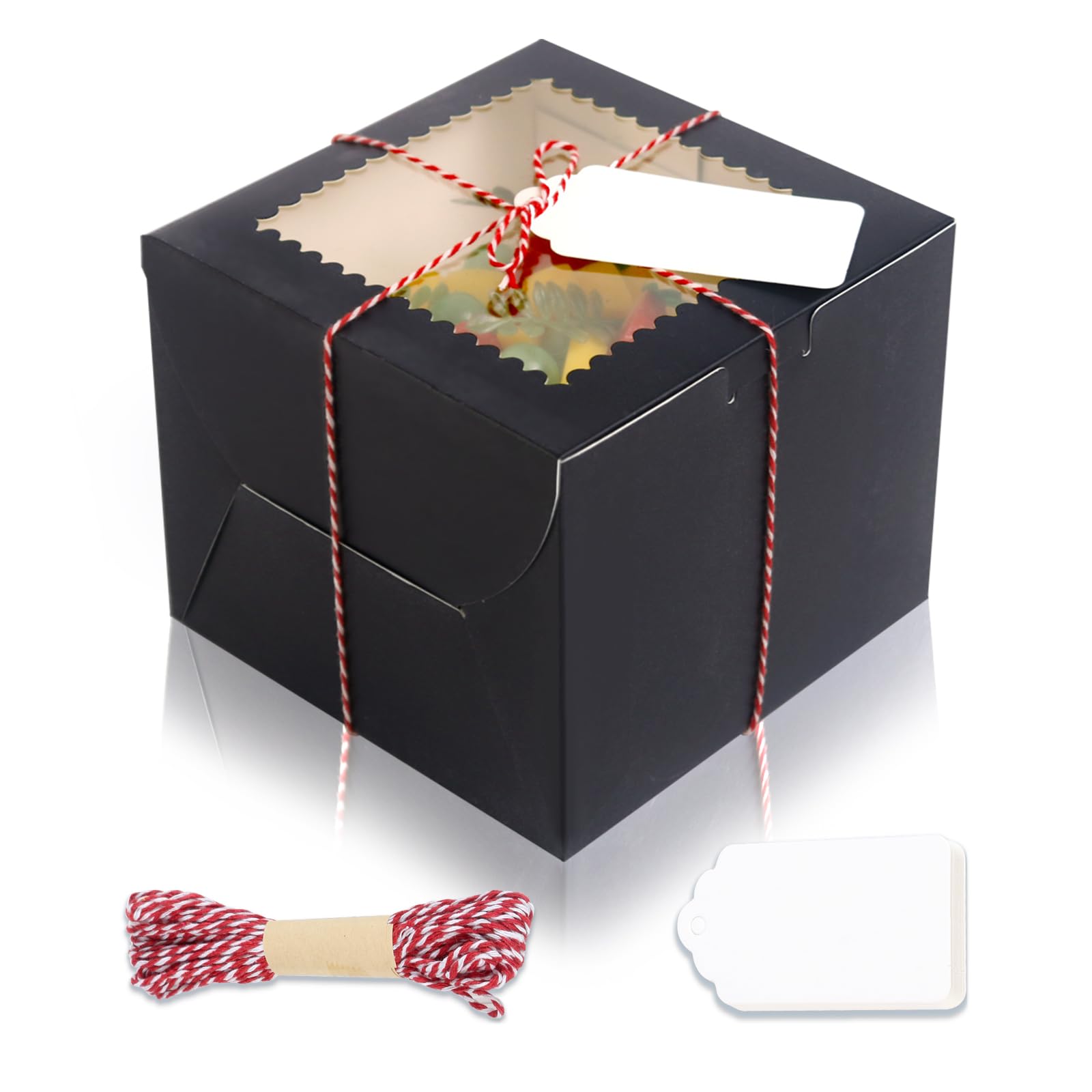Mini-Kuchenboxen mit Fenster, 15,2 x 15,2 x 12,7 cm, schwarze Backboxen, kleine 4 Cupcake-Boxen, Kuchenverpackung für Gebäck, Kekse, Pralinen, Cupcakes, Geburtstagsparty, Hochzeit, 20 Stück