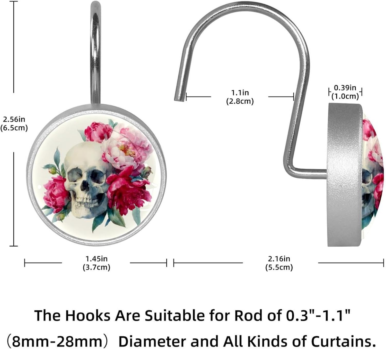 12 Pieces Watercolor Skull and Peonies Flowers (3) Shower Curtain Hooks Rings, Stainless Steel Shower Hook Hanger Rings for Bathroom Living Room Bedroom Home Decor