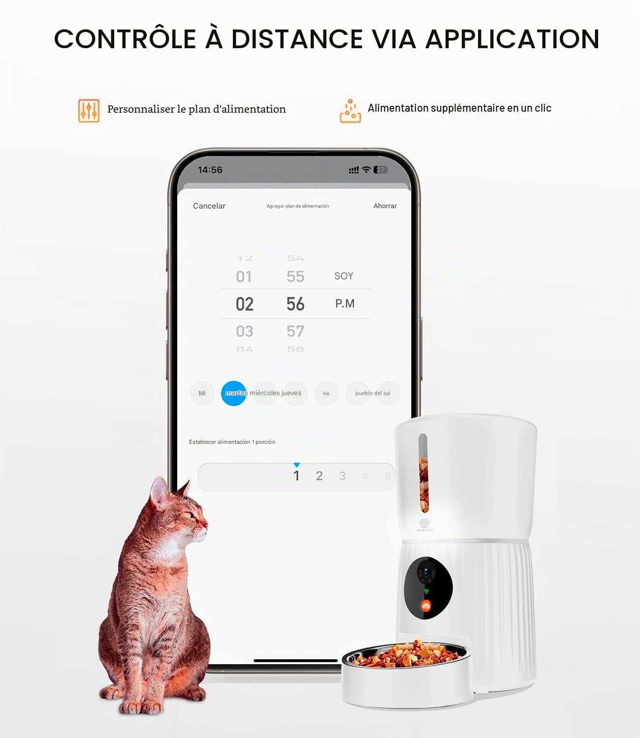 Pet&Tech Mangeoire Automatique pour Chats et Chiens – 4 L, WiFi 2,4G/5G, Caméra HD 1080p, Audio Bidirectionnel, Application Smart Life, Jusqu’à 10 Repas par Jour
