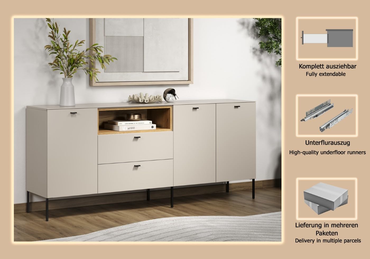 trendteam smart living Sao Paulo Sideboard Kashmir (Beige)/Evoke Eiche Kommode mit Soft-Close Funktion 197 x 85 x 42 cm Schwarze Metallgriffe und -Füße
