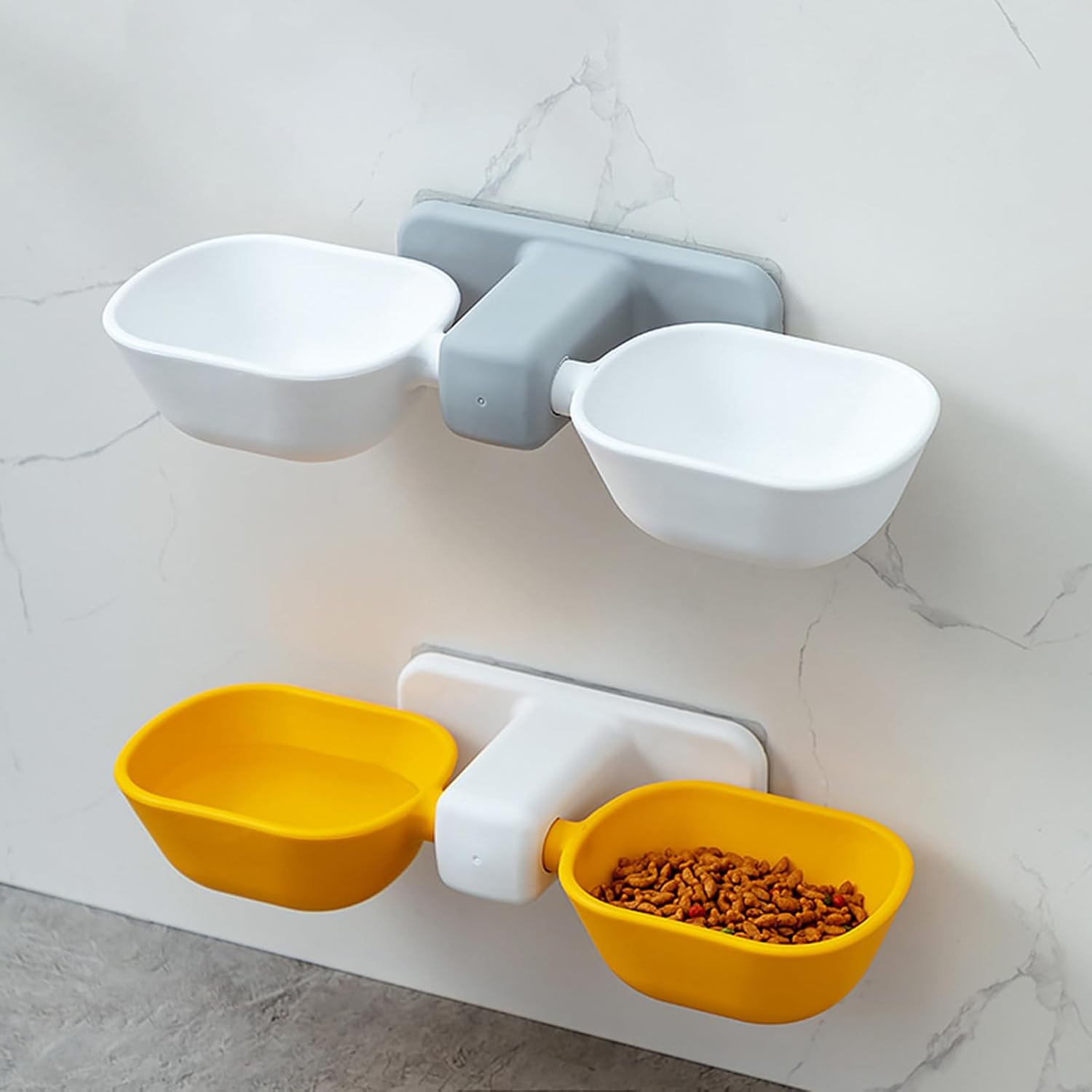 Small Wall Mounted Cat Bowls,Adjustable Hanging Puppy Food and Water Bowls Set,Easy to Clean & Space Saving Feeder for Cats & Small Pets,Kitten Double Feeding Dish(Yellow-White/White-Gray)